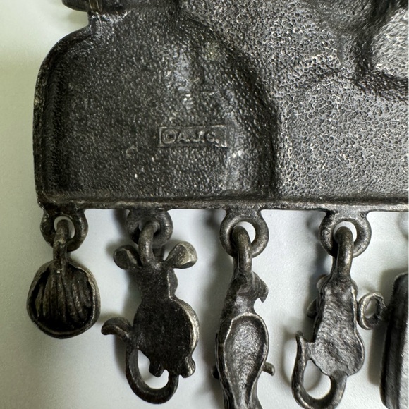 AJC Gothic Cat Brooch with Charms Farming Couple Silver Pewter Pin Vintage - Picture 7 of 10